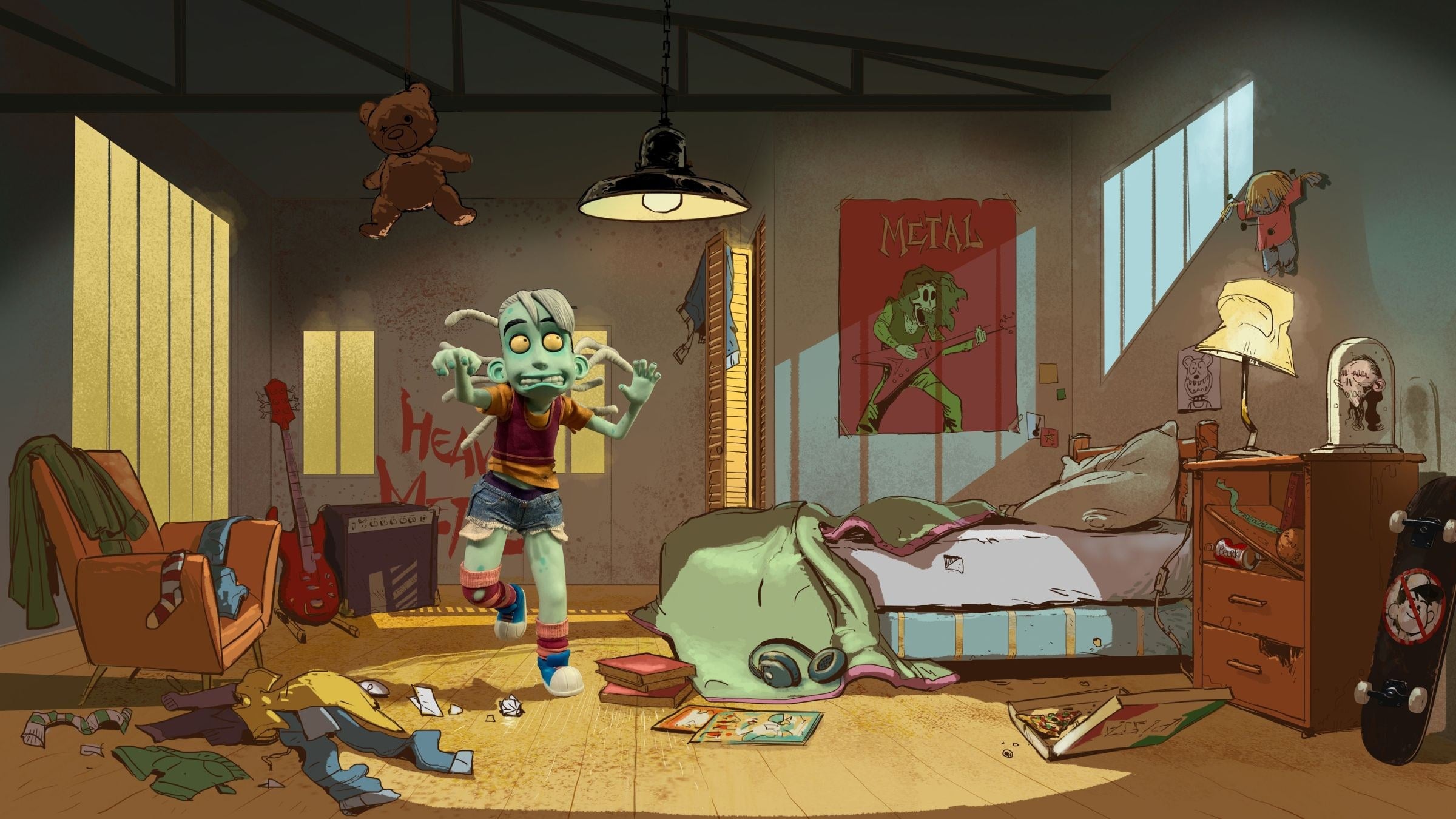Zoé's bedroom concept art: Metal poster, guitar, clothes on the floor and pizza, with Zoé in the middle of the mess